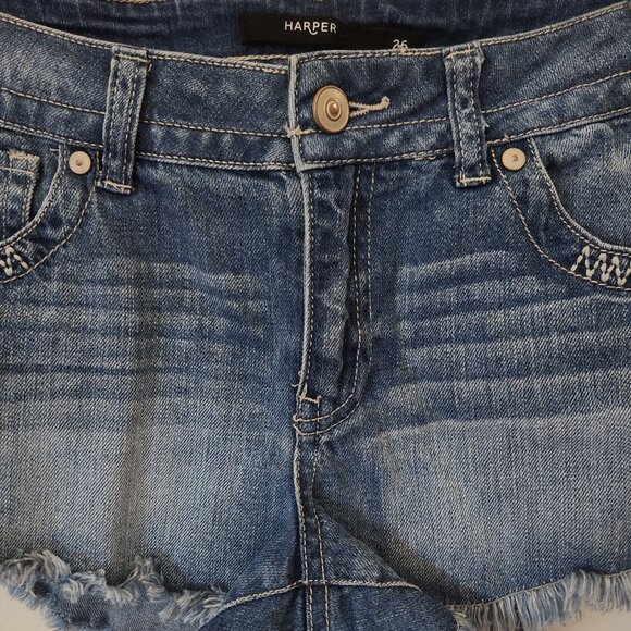 Harper Shorts Women Denim Distressed Low Rise Frayed Embroidered Jeans Size 26 - Picture 2 of 10